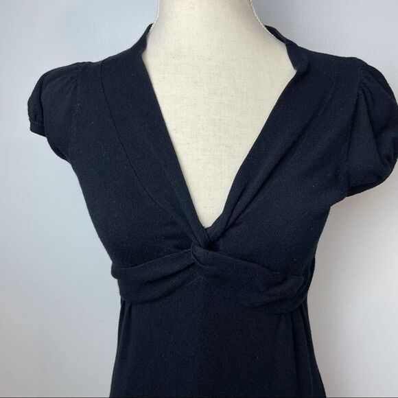 Mandee Solid Black V Neck Twist Front Stretchy Mini Dress Short Sleeve size L - Picture 7 of 11